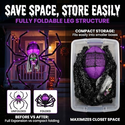 52" Halloween Giant Skull Face Spider, Lighted Outdoor Decoration with F...