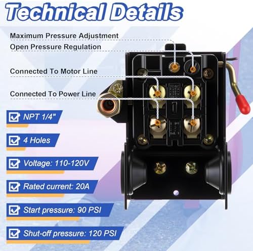 Dreyoo Air Compressor Pressure Switch, 90-120 PSI, 4 Port Plug Fitting Kit
