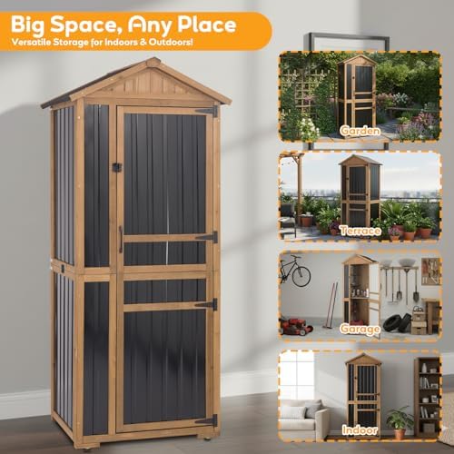 Outdoor Storage Cabinet, Wood & Metal Garden Shed with Waterproof Asphalt...