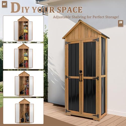 Outdoor Storage Cabinet Waterproof, Outdoor Storage Shed with Shelves, Wood &...