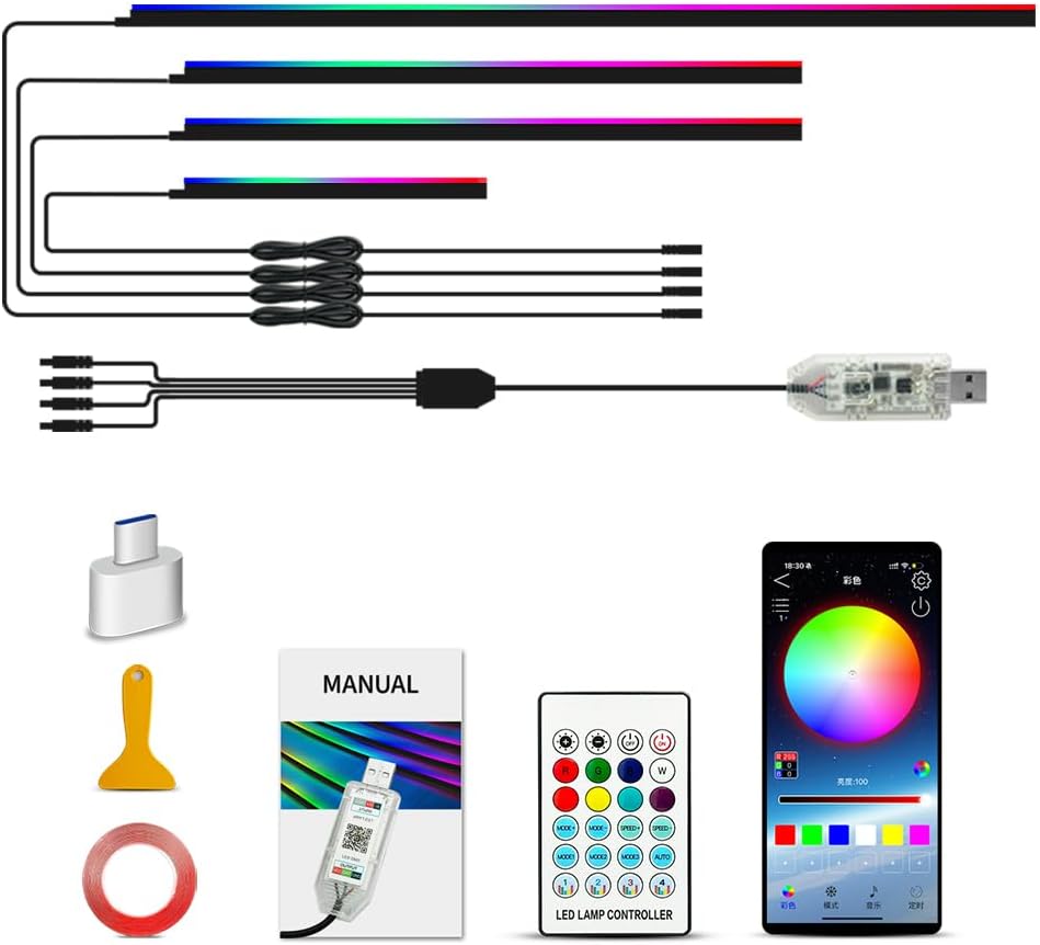 Ambient Lighting Car Led Lights Interior with APP, USB Powered Acrylic Neon F...