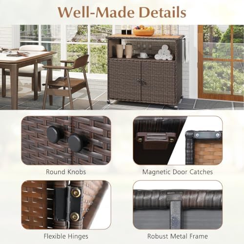 HAPPYGRILL Outdoor Storage Cabinet with Wheels, PE Rattan Patio Buffet Sidebo...