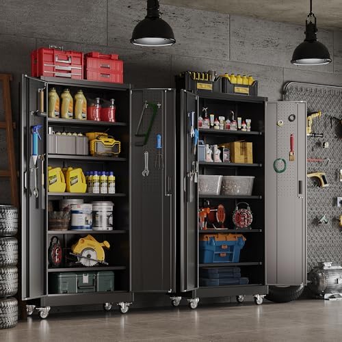 Reemoon 5 Adjustable 170 lb Shelves, Lockable Doors, Door pegboard and 4 Remo...