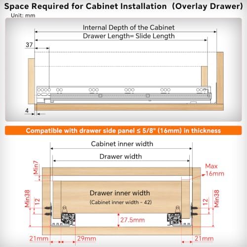 Undermount Soft Close Heavy Duty Drawer Slides 21 Inch, 80LB