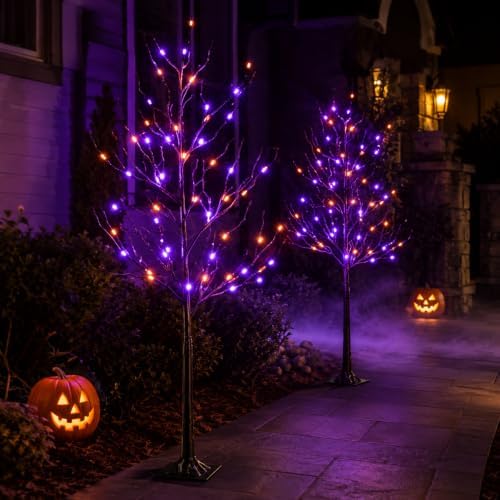 5FT LED Lighted Halloween Tree 2-Pack Orange and Purple Lights Dรฉcor