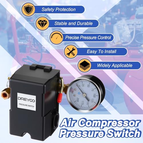Dreyoo Air Compressor Pressure Switch, 90-120 PSI, 4 Port Plug Fitting Kit