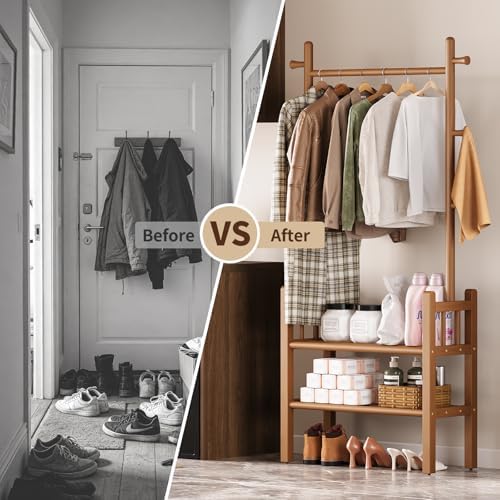 Yoobure Solid Wood Clothing Rack with Shelves - Coat Rack Freestanding with 6...