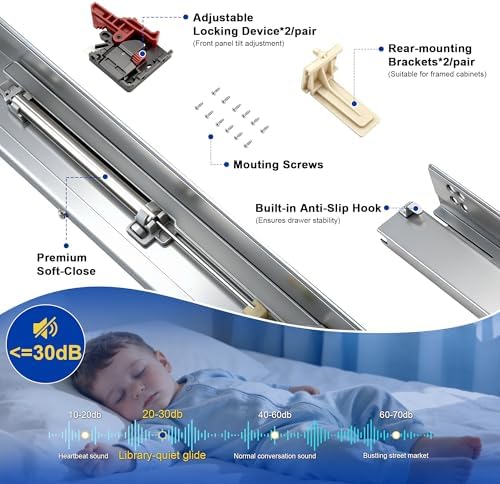 10 Pairs 18" Undermount Soft Close Drawer Slides, Bottom Mount Full Exte...