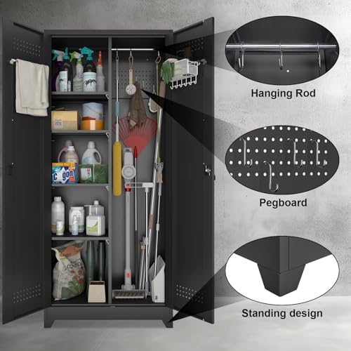 Metal Locking Cabinet, 72.8" Tall Storage Cabinet for Broom, Garage Stor...