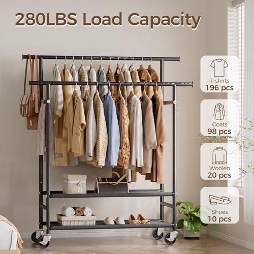 HYSEYY Clothes Rack,Double Rods Rolling Clothing Rack for Hanging Clothes,Por...
