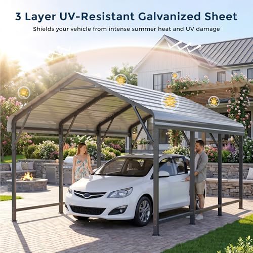 HOMSHADE 10x15FT Heavy Duty Metal Carport with 132ยฐ Steep Anti-Pooling Roof