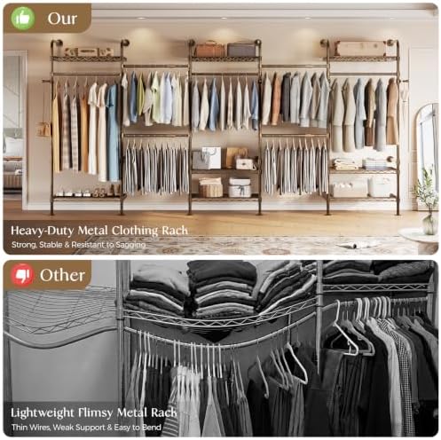 Wall Mounted Closet System, 5-Row Heavy Duty Garment Rack, Black and Gold