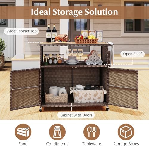 HAPPYGRILL Outdoor Storage Cabinet with Wheels, PE Rattan Patio Buffet Sidebo...