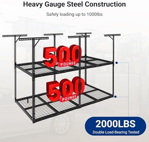 FLEXIMOUNTS 4x8 2-Tier Overhead Ceiling Garage Storage Rack, Black