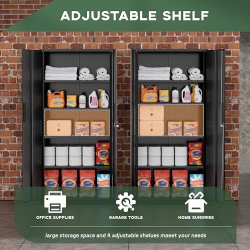 Greenvelly Metal Cabinet, 72โ Black Tool Steel Locking Cabinet with Doors and...