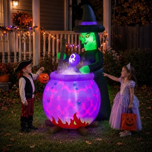 6 FT Halloween Inflatable Witch and Cauldron with RGB Lighted Halloween Blow ...