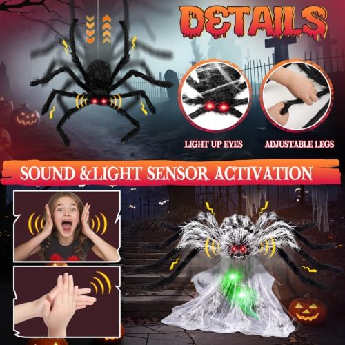 Halloween Spider Web Lights Decor+2 Animatronic 34'' Jumping Spider, ...