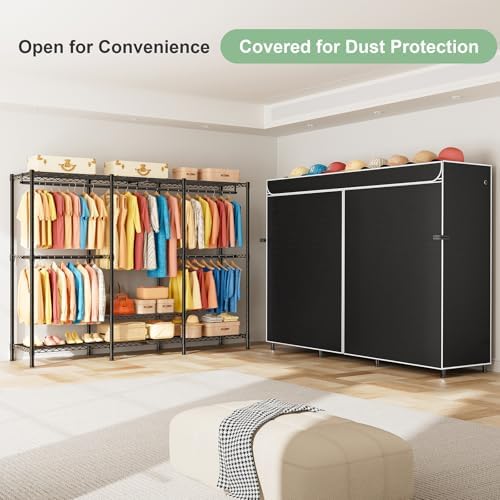 SEMHOR K01C Heavy Duty Clothes Rack with Cover Black, Max Load 860LBS