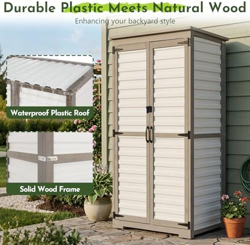 Tall Outdoor Storage Cabinet with Adjustable Shelves, White Plastic & Woo...