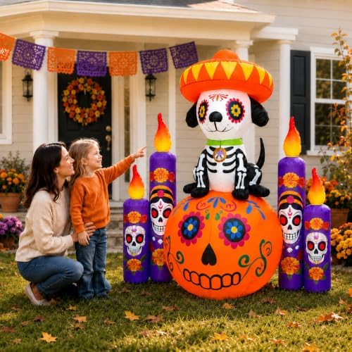 6 FT Halloween Decorations Outdoor Inflatable Dog with Pumpkin and Candles, D...