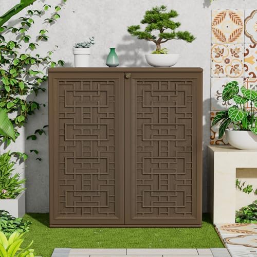 HOMSPARK Indoor/Outdoor Storage Cabinet with Doors and Shelf, 34”x16”x36” HDP...