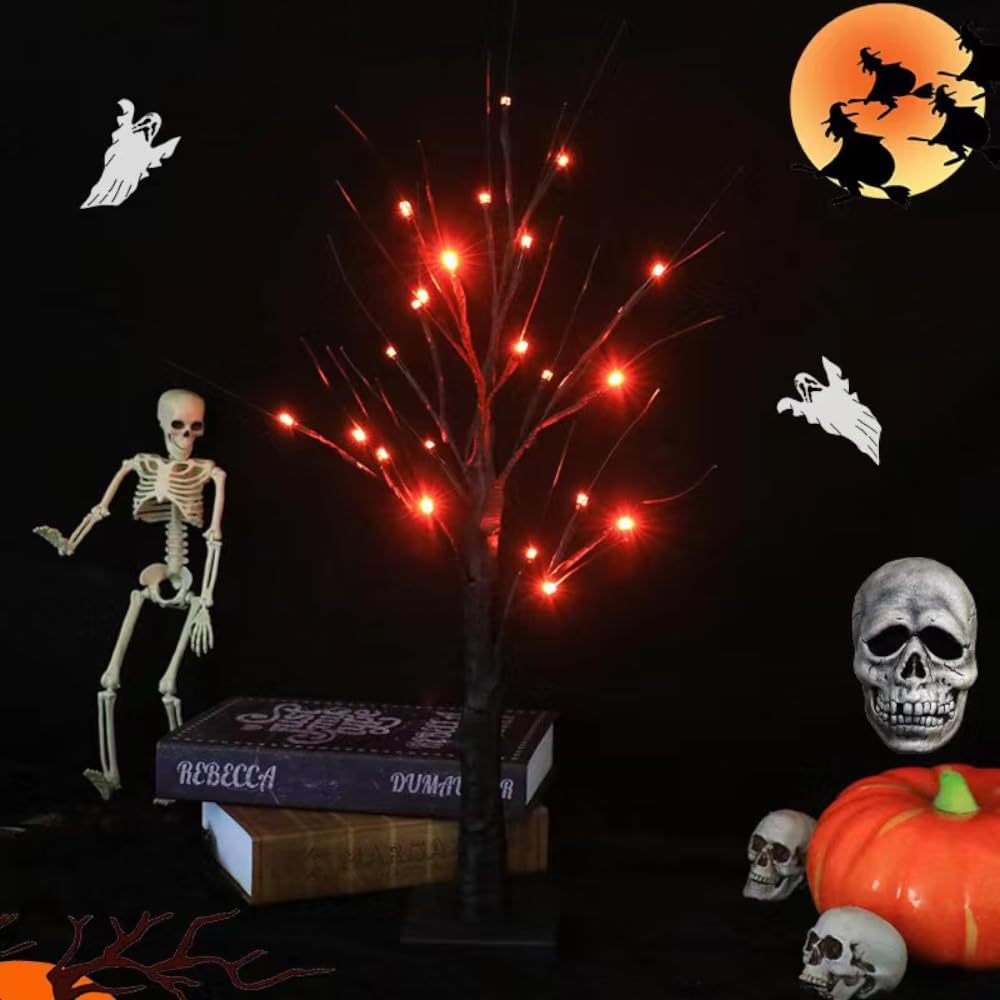 2 Pack 24 Inch Halloween Decorations Black Halloween Tree 48 led Orange Light...