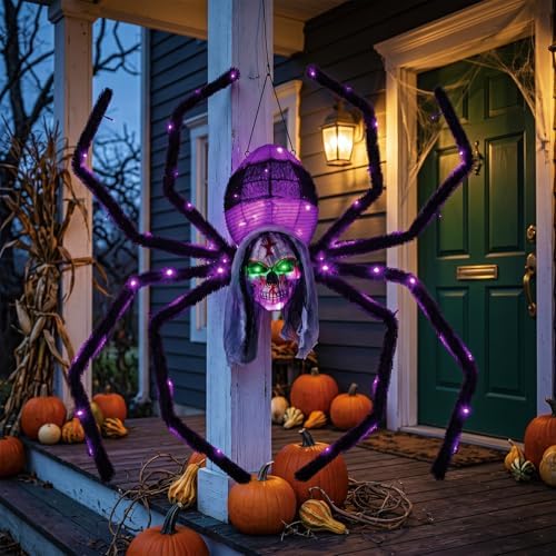 52" Halloween Giant Skull Face Spider, Lighted Outdoor Decoration with F...
