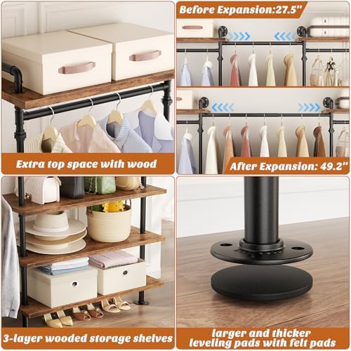Aheaplus Industrial Pipe Clothing Rack, Expandable Garment Rack, Closet Syste...