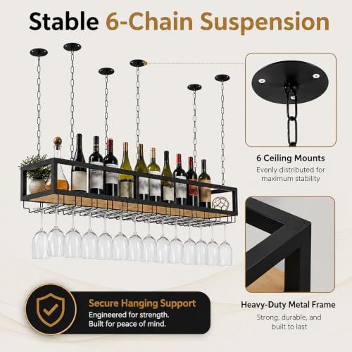 Ceiling Wine Glass Rack with Glass Holder, 55.1in Metal Hanging Bar Shelf
