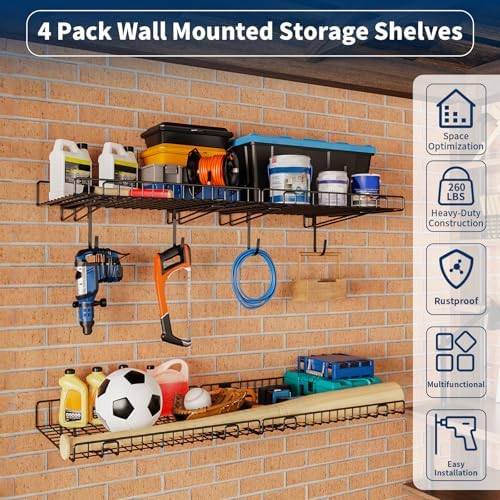 4 Pack Garage Wall Shelf, Wall Mounted Storage Shelves, Heavy Duty Metal Shel...
