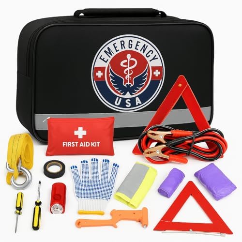 Roadside Car Emergency Kit - First Aid Set, Jumper Cables, Tow Strap, LED Fla...