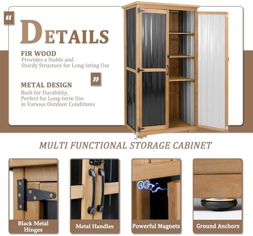 Outdoor Storage Cabinet, Wood & Metal Storage Shed with Weather-Resistant...