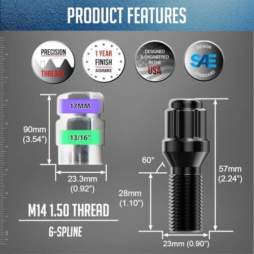 Wheel Accessories Parts 20 Pcs M14 x 1.50 Thread Acorn Seat Spline Lug Bolt B...
