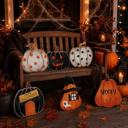 JarThenaAMCS 6Pcs Halloween Wooden Porch Signs Halloween Decorations