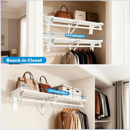 Steel Closet Shelf with Hanging Rod, 52-95'' Expandable Closet Shelves