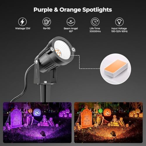 Onforu 12W Purple & Orange LED Outdoor Halloween Spotlights for Yard