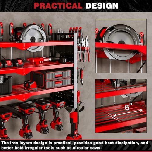 NattyDot Cordless Power Tool Organizer Wall Mount, 6 Drill Holders, Red