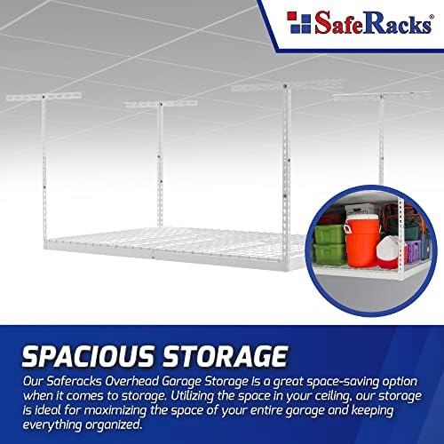 SafeRacks 4x6 Overhead Garage Storage Rack, White, 12"-21" Height