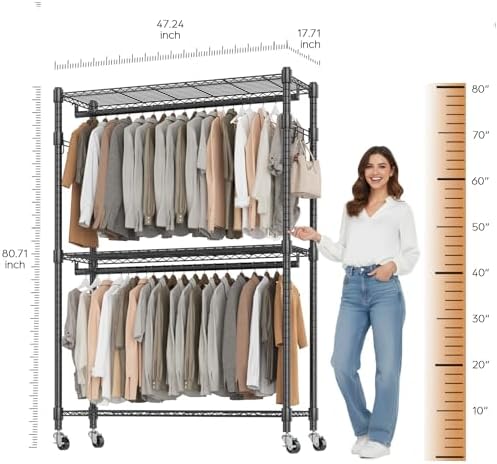 BATHWA Heavy Duty Rolling Clothes Rack with Wheels, 640 lb Hanger Rack & ...