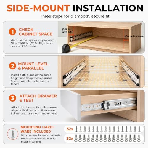 30 Inch Heavy Duty Drawer Slides, 250 lb Full Extension, Side Mount