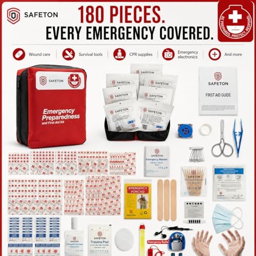 Safeton 180-Piece First Aid Kit, Portable Emergency Preparedness Medical Supp...