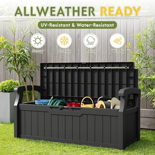 Greesum 80 Gallon Storage Bench Outdoor Deck Box with Armrest, Black