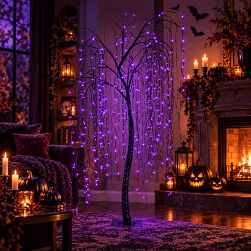 7 FT Halloween Lighted Willow Tree 256 LED Purple Lights Artificial Weeping W...