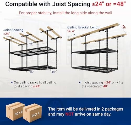 FLEXIMOUNTS 4x8 2-Tier Overhead Ceiling Garage Storage Rack, Black