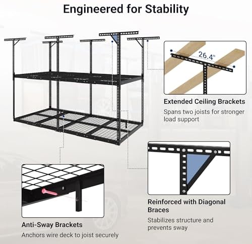 FLEXIMOUNTS 4x8 2-Tier Overhead Ceiling Garage Storage Rack, Black