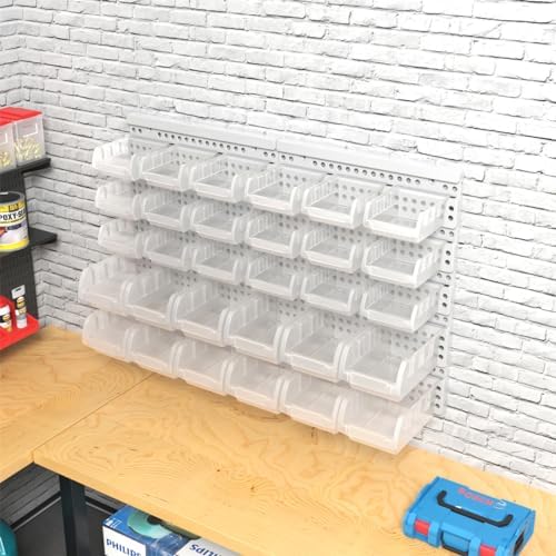 Transparent Garage Organizer Bins, 30PCS Wall Mounted Storage Small Parts Bin...
