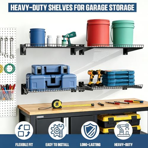 Garage Wall Shelving 24"x12" 2-Pack, Wire Wall Shelves, Black