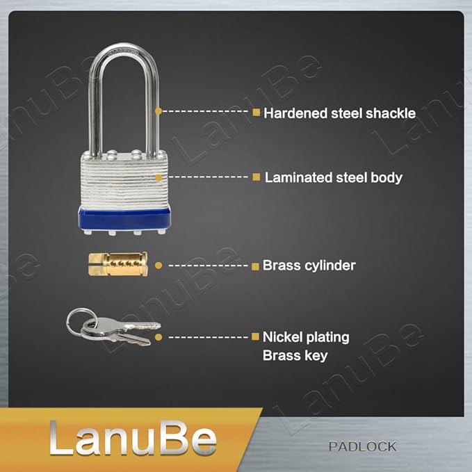 LanuBe Lock Laminated Steel Keyed Padlock, Keyed Alike Locks, Long Shackle (1...