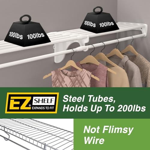 EZ Shelf - Closet Shelf with Hanging Rod - 64.3-119โ Expandable, White, Close...