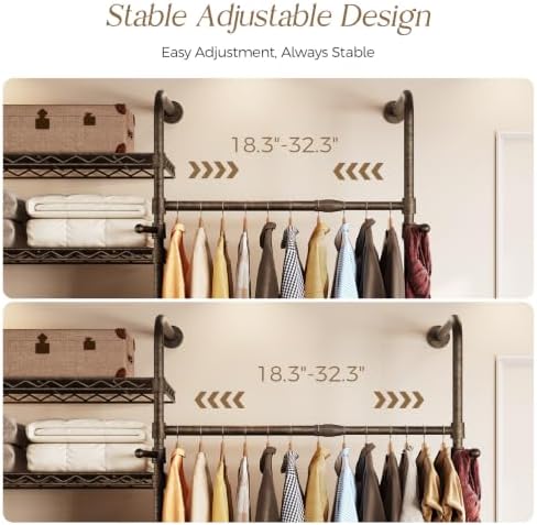Wall Mounted Closet System, 5-Row Heavy Duty Garment Rack, Black and Gold